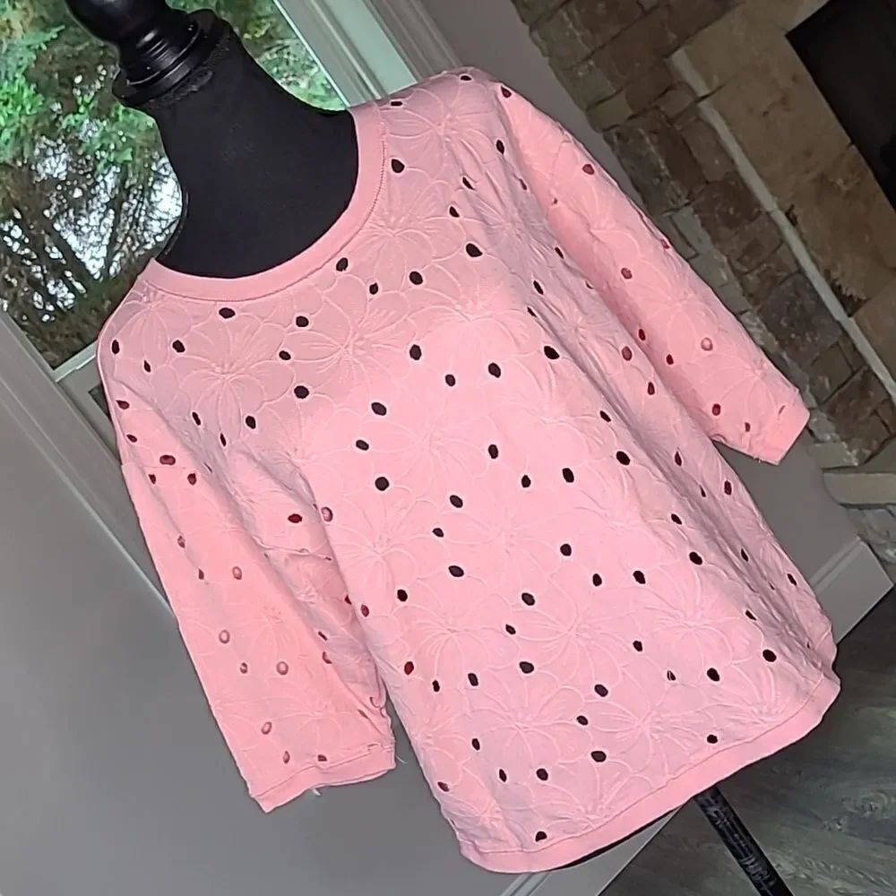 LOFT Petites Pink Quarter Sleeve Shirt with Peek a boo Holes